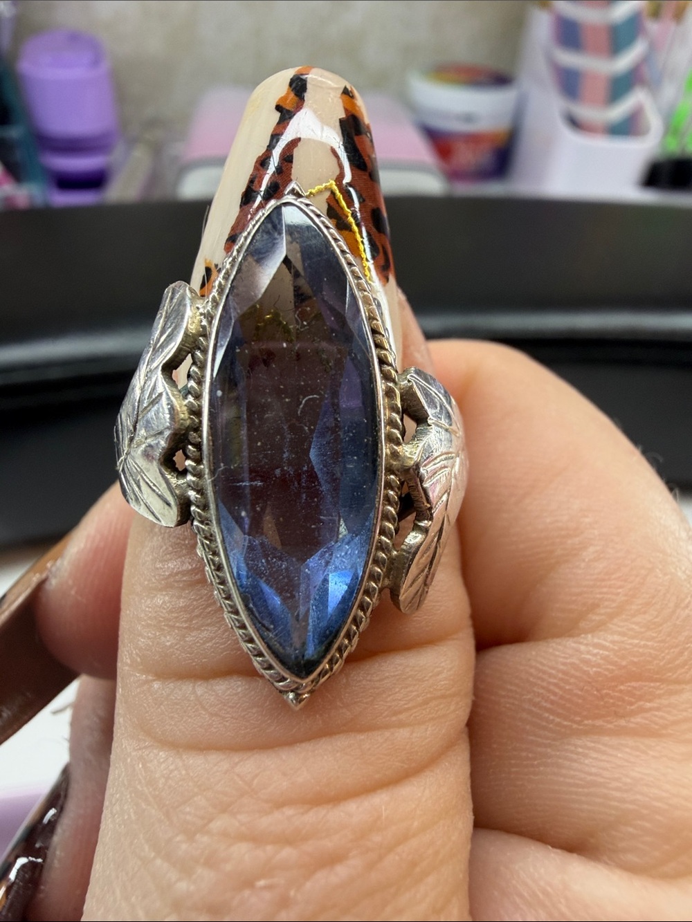 Sterling Silver Blue Marquise Gemstone Cocktail Ring size 9